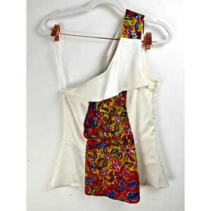 Lauren Damelian Red Yellow Floral One Should Silk Floral Bohemian Peplum Top